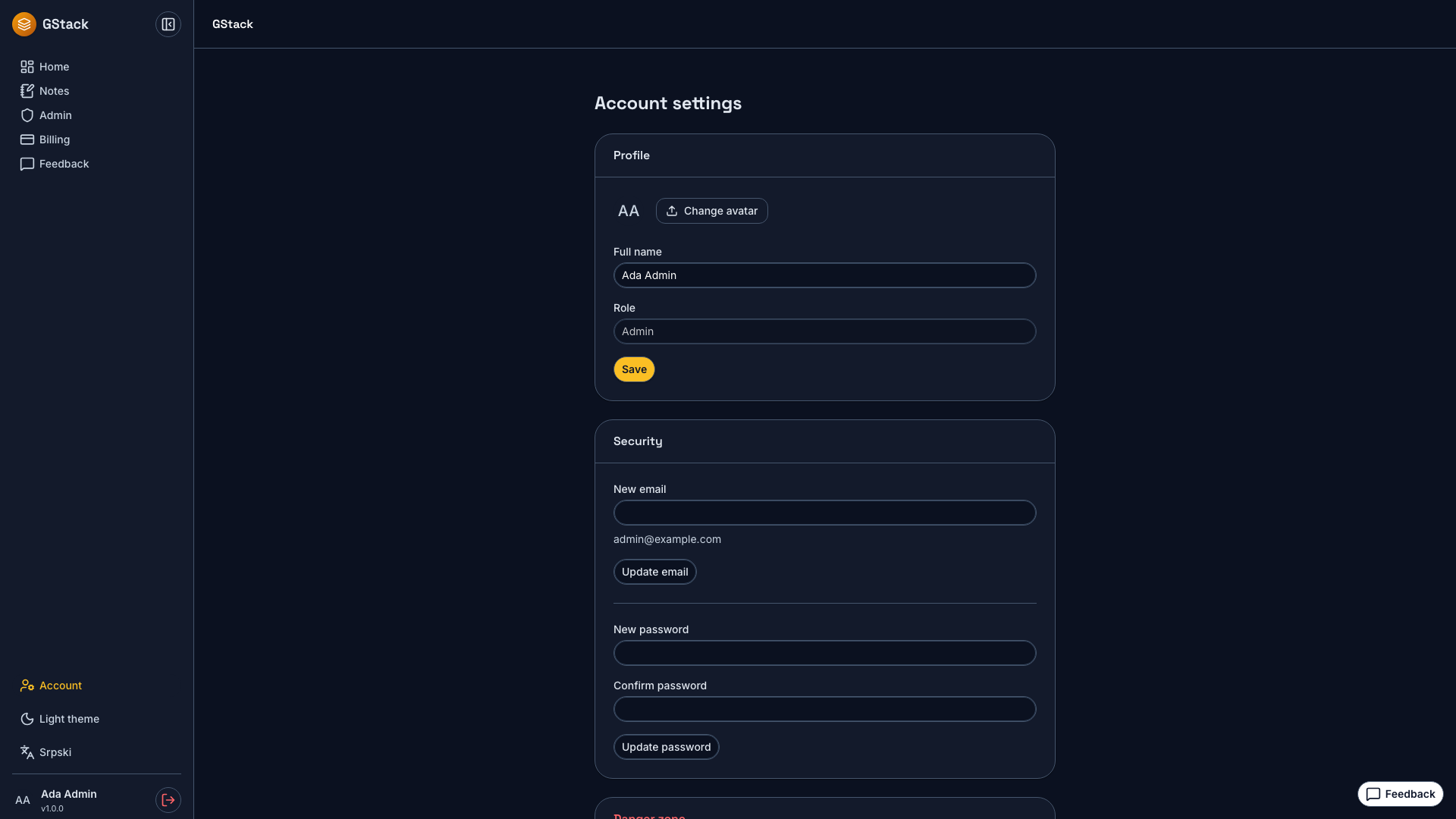 Account — GStack, dark theme