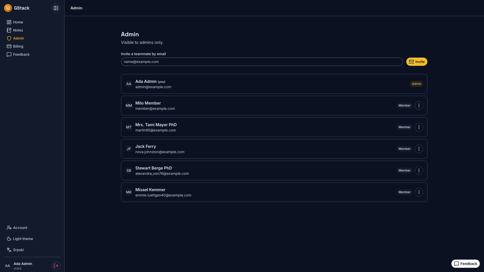 Tenant admin — GStack, dark theme