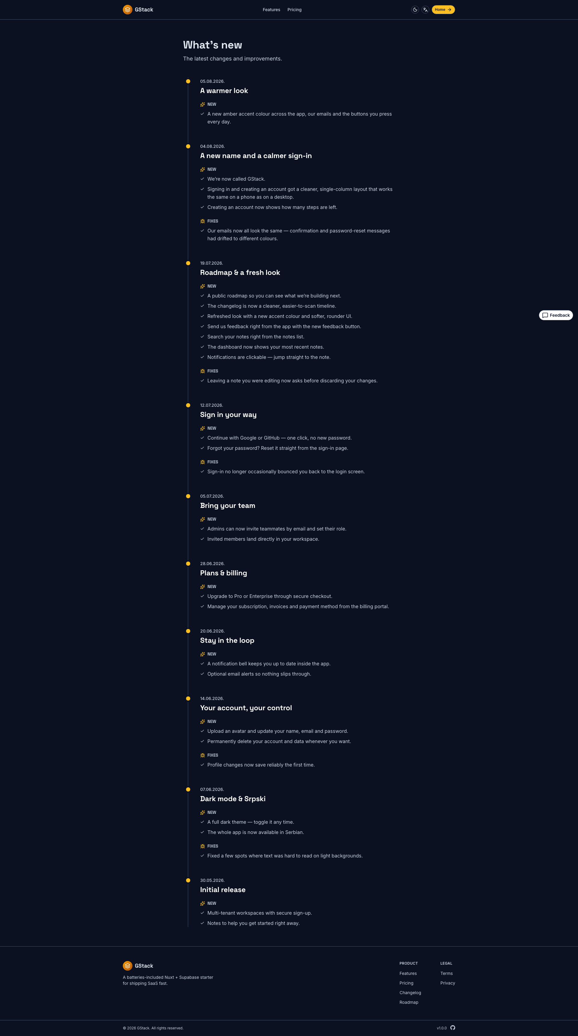 Changelog — GStack, dark theme