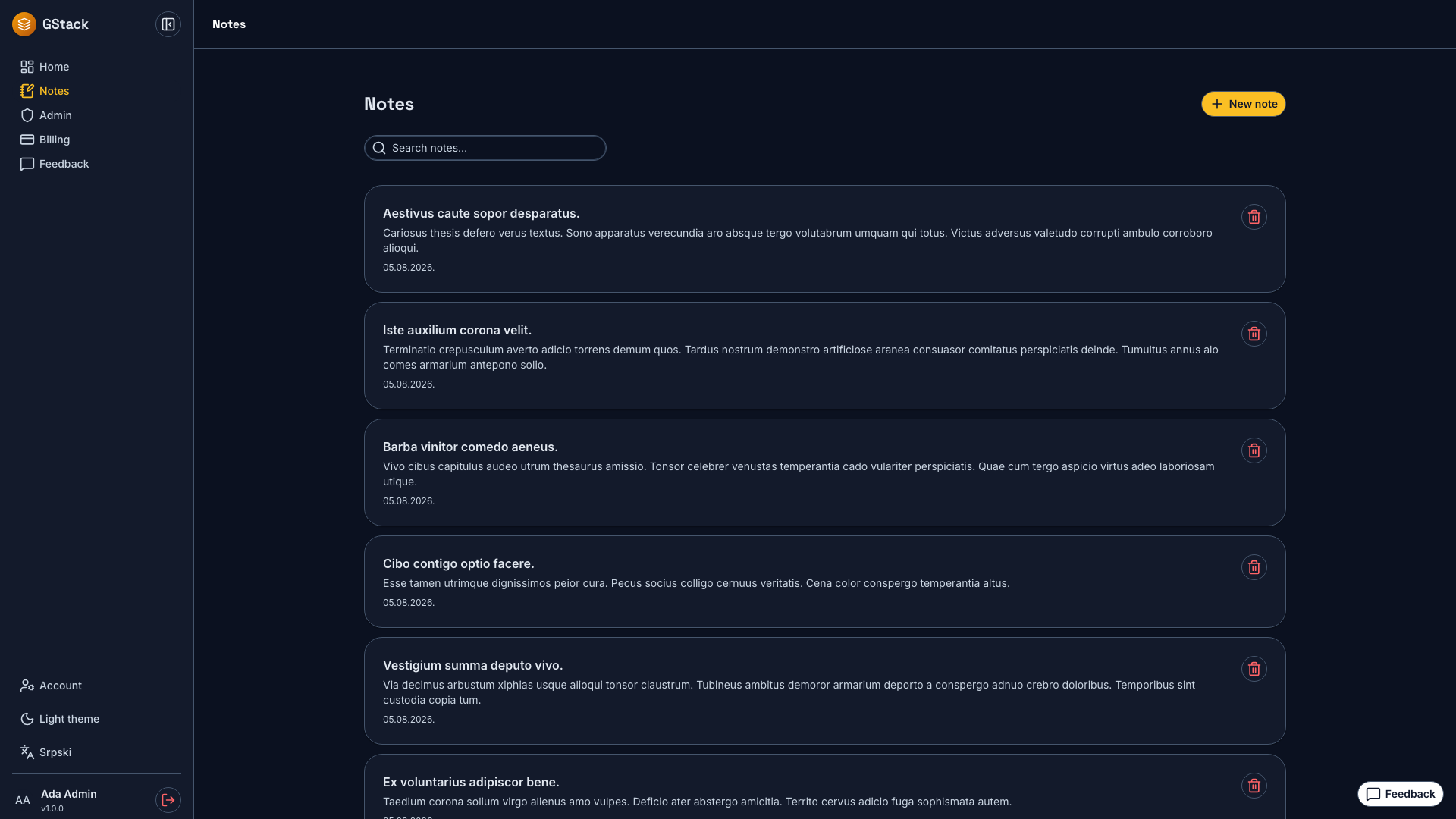 Notes — the reference CRUD — GStack, dark theme