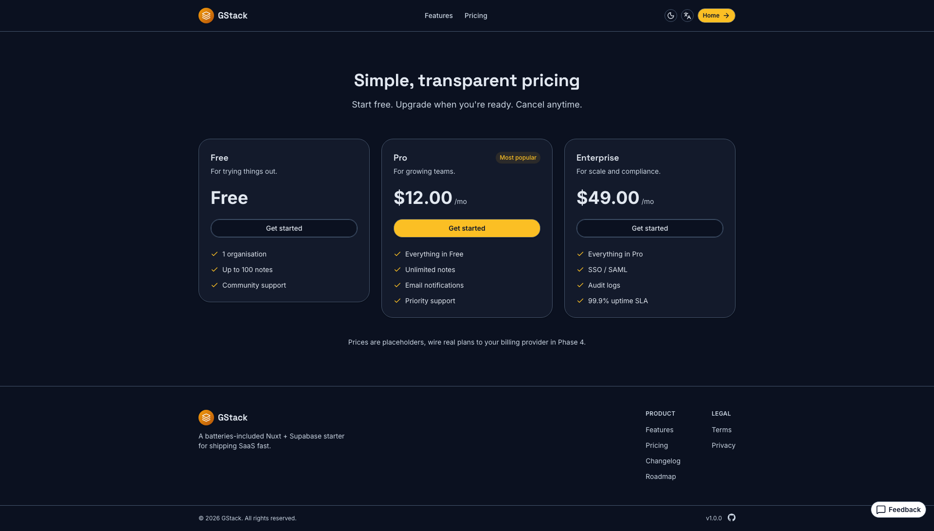 Pricing — GStack, dark theme